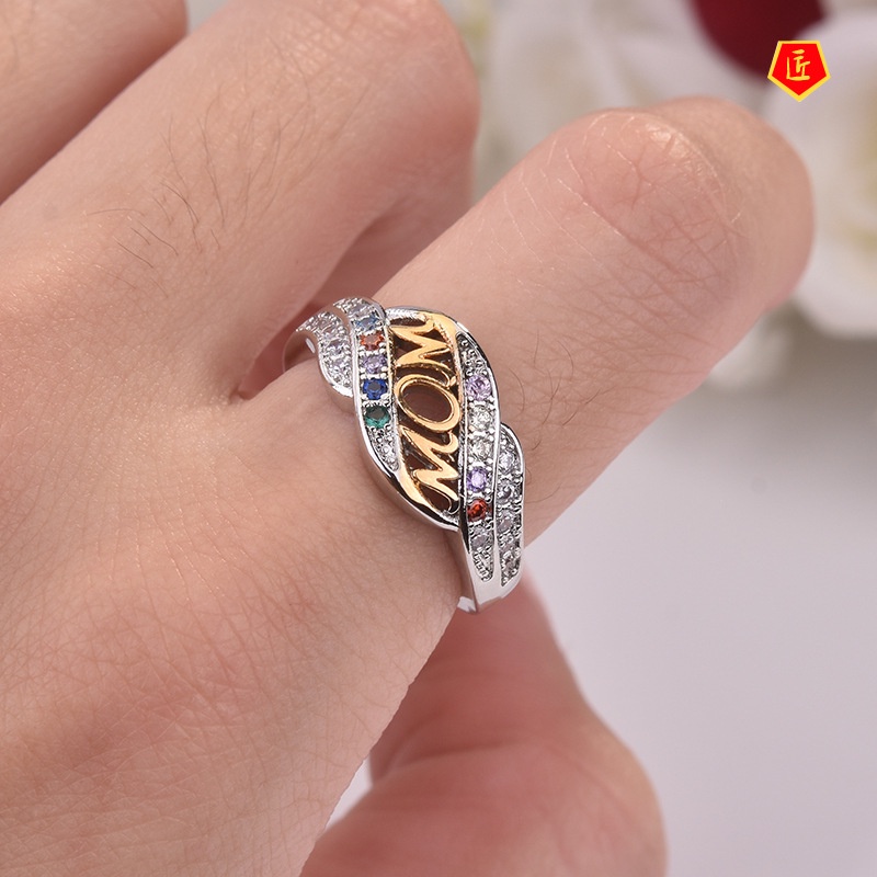 [Ready Stock]Creative Birthstone Two-Color Mom Diamond Gold Ring for Women