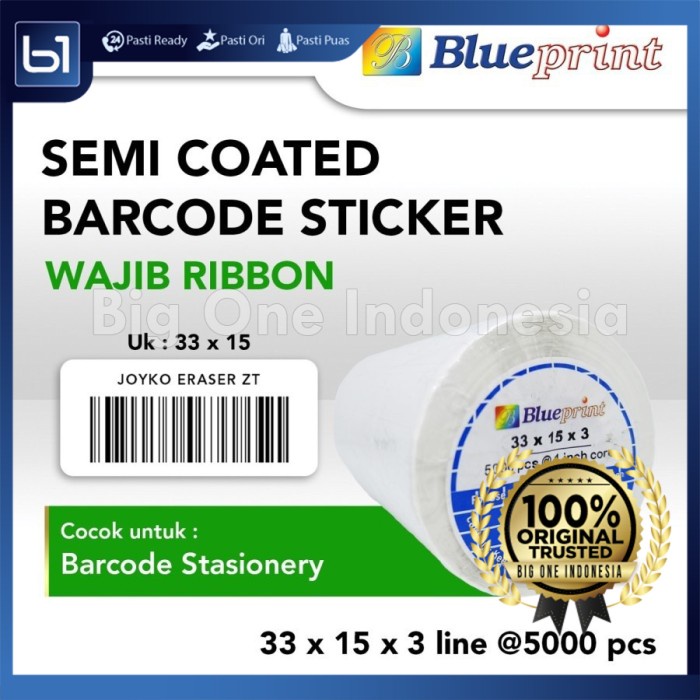 

Blueprint Label Sticker Barcode Semi Coated 33x15mm (3 Line) 5000pcs, Label Stiker Semicoated 33 X 15 Mm 3line 5000 Pcs
