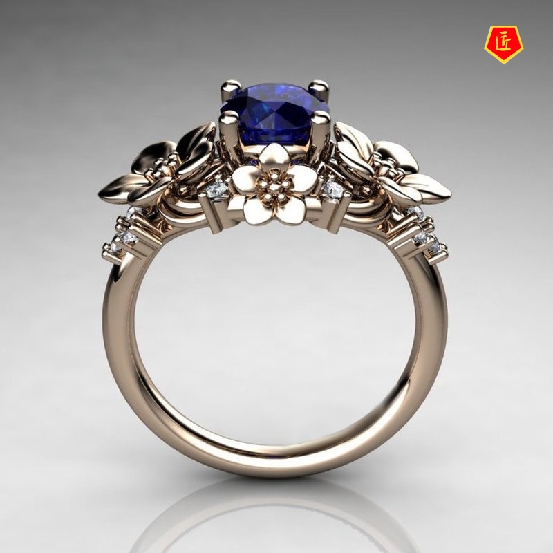 [Ready Stock]Creative Silver Inlaid Sapphire Flower Ring