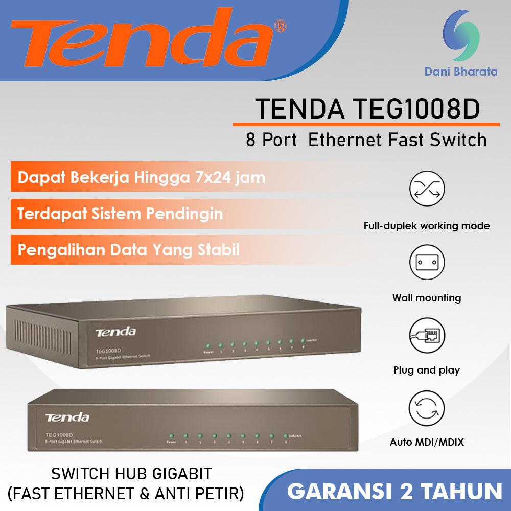 Jual Tenda TEG1008D Switch Hub Gigabit 10/100/1000Mbps 8 Port Koneksi Cepat,Stabil & Anti Petir