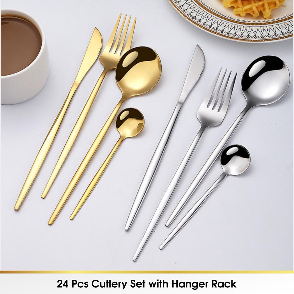 24 Pcs Souvenir Sendok Garpu Makan Korea Travel Cutlery Set﻿ Korea Stainless Dengan Gantungan Rack