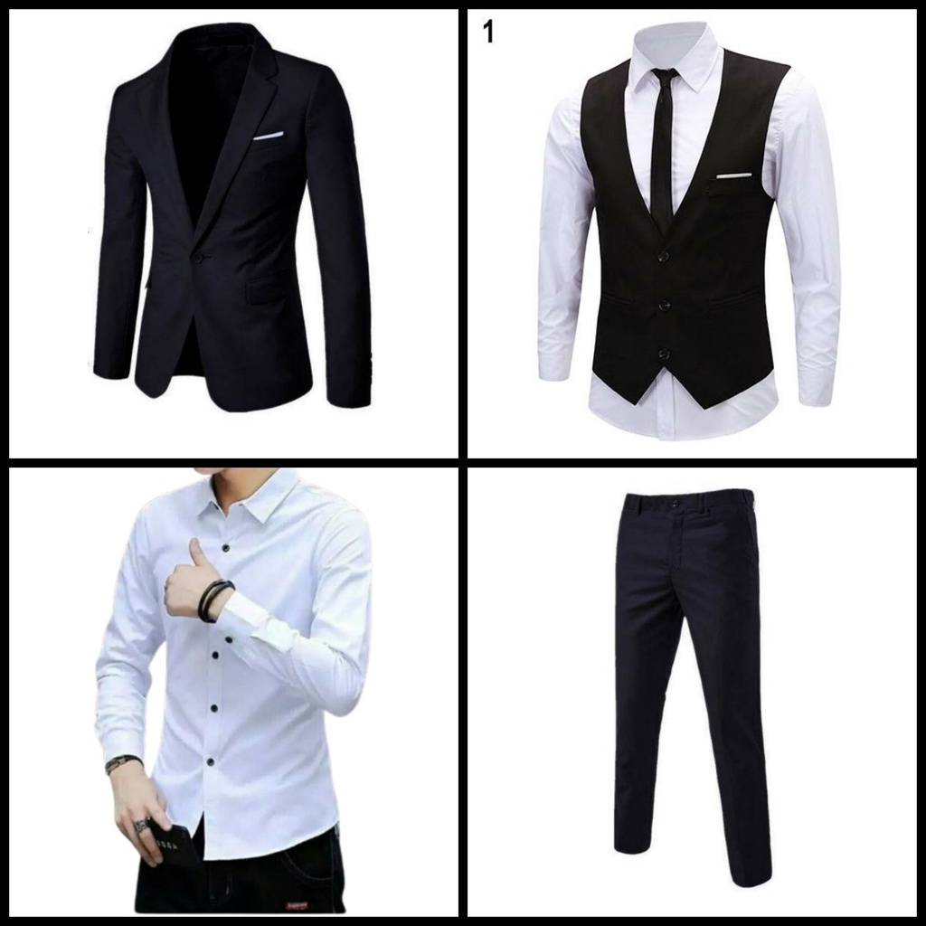 SETELAN JAS PRIA/ setelan jas hitam list putih dan celana slimfit formal  stelan jas hitam pria