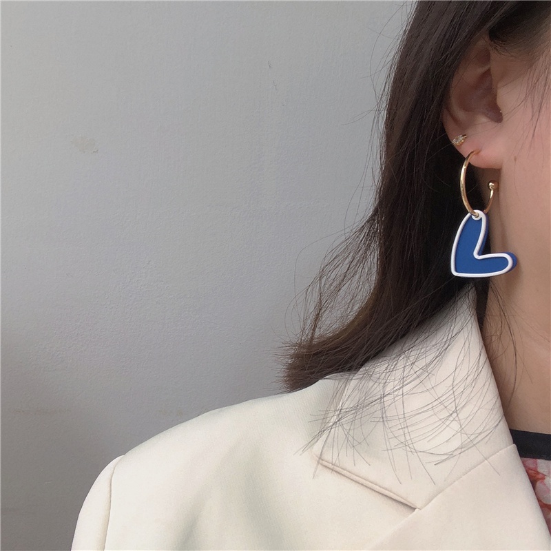 Anting Kait Gantung Desain Hati Warna Biru Gaya retro Untuk Wanita