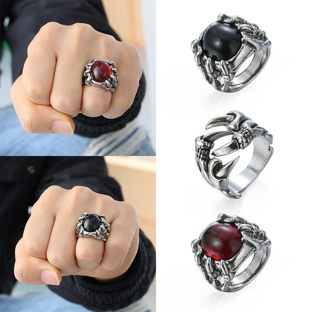 Top Naga Cakar Cincin Cakar Cincin Perhiasan Vintage Permata Merah Baja Titanium Hip Hop Gothic