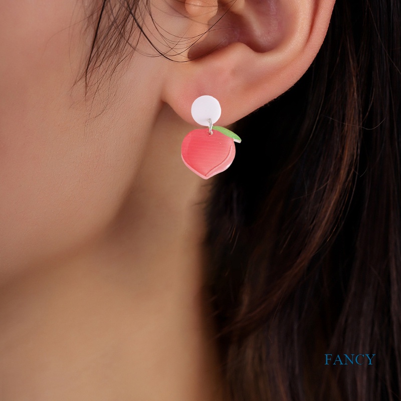 Anting Drop Bentuk Peach Warna Pink Bahan Resin Gaya Korea Untuk Wanita