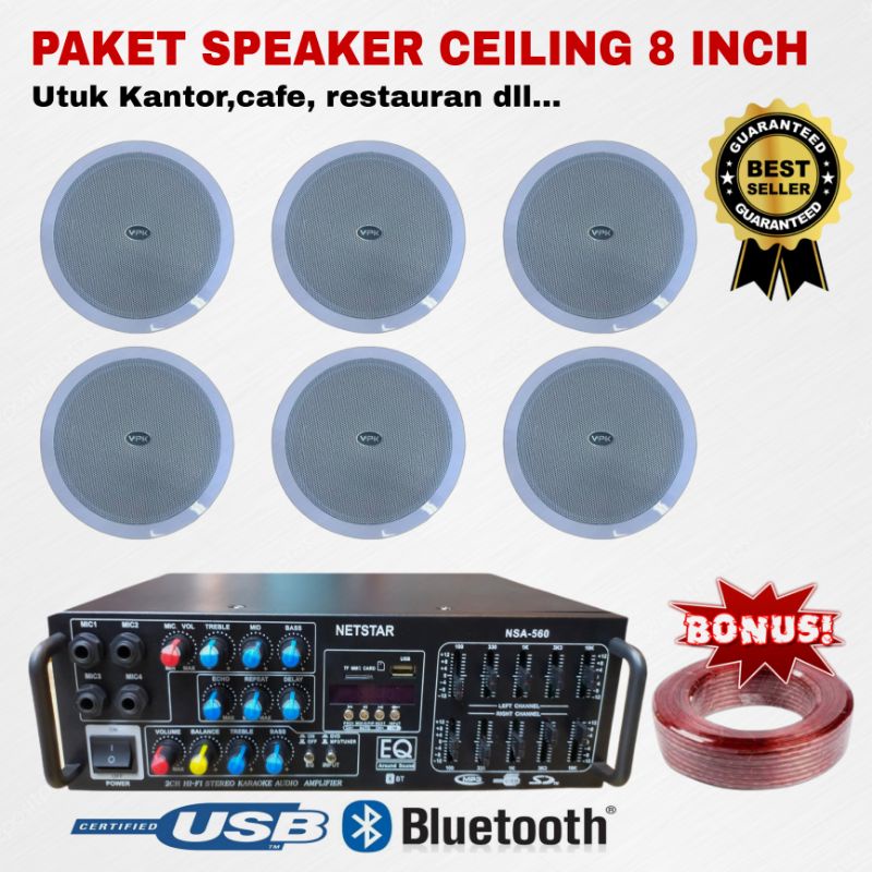Paket Speaker Ceiling 8 Inch/6 Titik Speaker Ceiling+Amplifier Bluetooth Usb