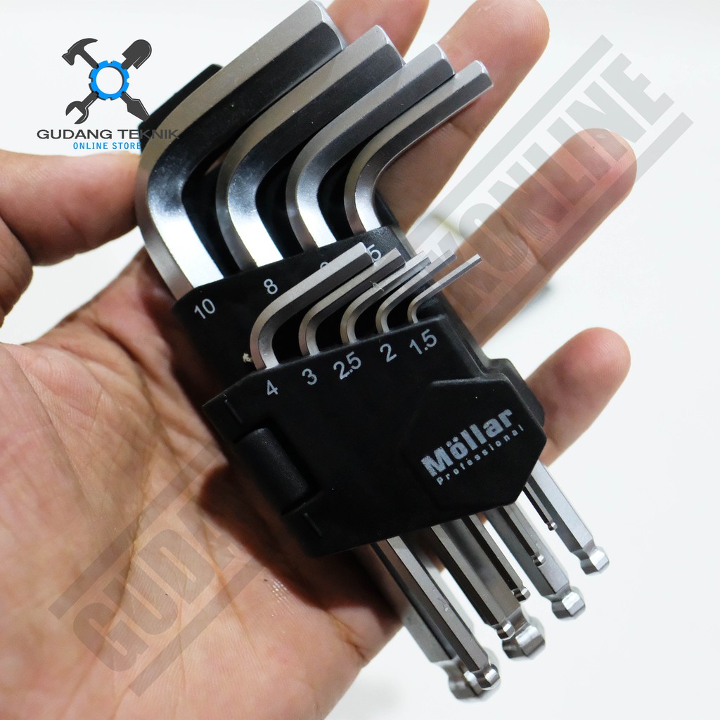 Mollar Kunci L Pendek Kombinasi Bola 1 SET 9 pcs / L Hex Key Short Ball End - Kunci L Set 9pcs Kombinasi Ball point 9LHKSB