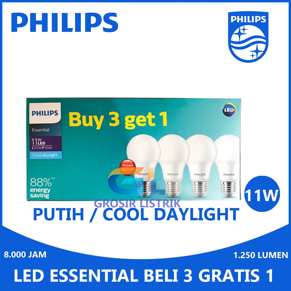 Lampu Philips LED Essential Multipack 11W Putih Paket 11 W Watt Beli 3 Gratis 1 Bundling Ess 11Watt