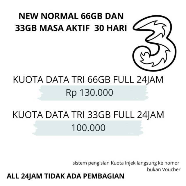 TRI 66GB 33GB LTE FULL 24JAM tanpa pembagian