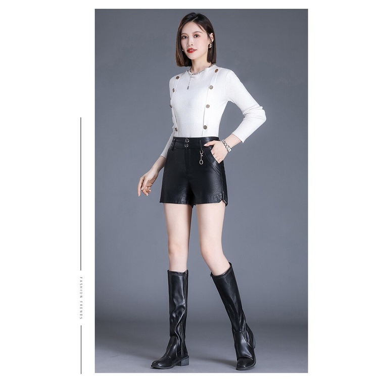 Celana Kulit PU Pendek Wanita Pinggang Tinggi Hitam Musim Semi, Musim Gugur dan Musim Dingin Celana Bot Celana Kulit Lurus Ropa Mujer Terbaru Celana Seksi Model Korea Style Terkini