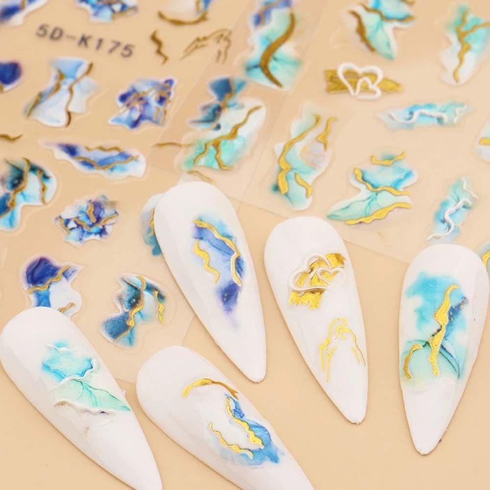 Mxbeauty Marbling Stiker Kuku 5D Relief Warna Emas Sisi Manikur Aksesoris Self Adhesive Nail Art Dekorasi