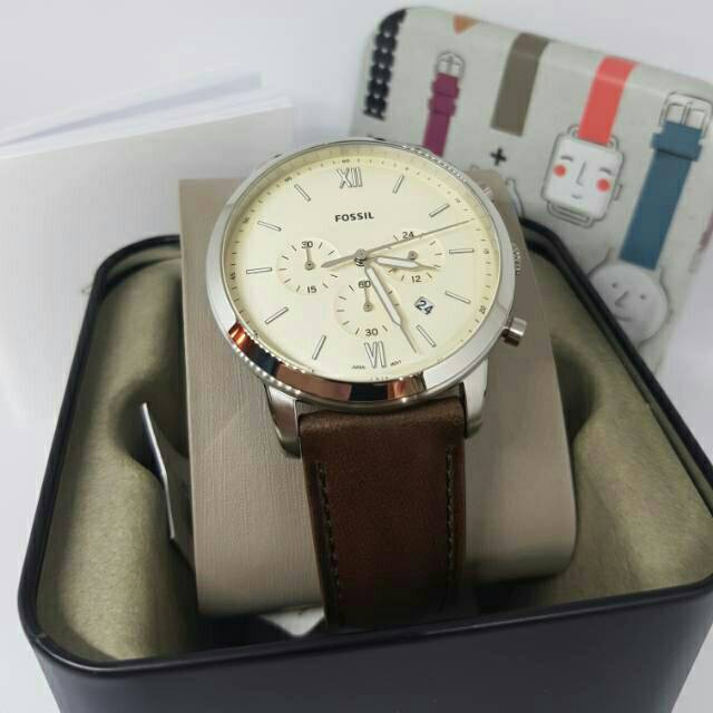 MURAH JAM TANGAN PRIA FOSSIL FS5380 SILVER STRAP LEATHER BROWN 100% ORIGINAL