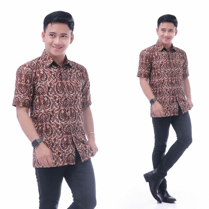 [COD] mega shopping day~Kemeja batik pria sogan lengan pendek