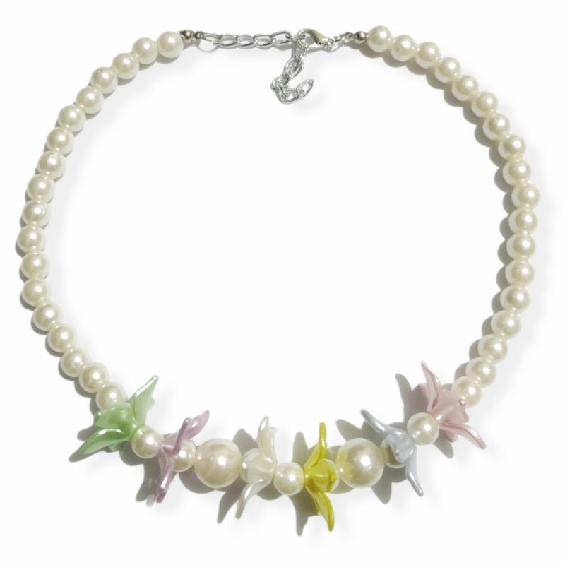 Deandra Flower Pearl Necklace Kalung Mutiara Korea Aksen Kelopak Bunga Warna Warni Korean Pearl Choker Necklace