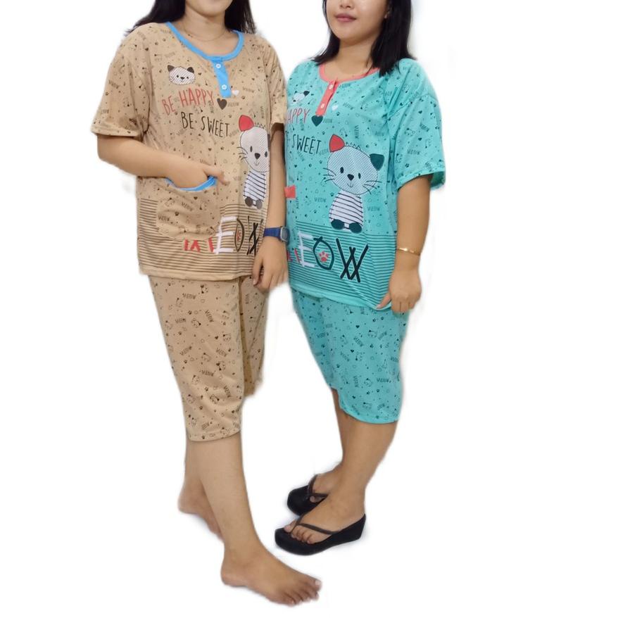 ➣ Baju Tidur Wanita 3/4 Jumbo NB Bahan Tebal MEOW HOKI ➩