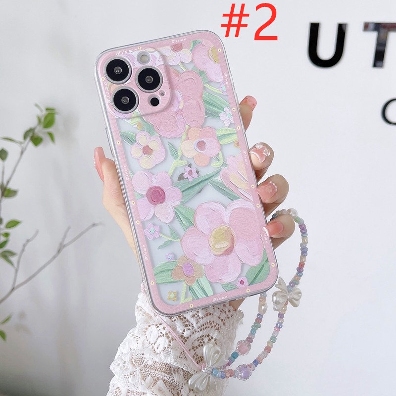 Fashion Beautiful Flowers Bracelet Soft Case OPPO A1K C2 A54 A74 A94 F5 Youth F9 Pro A55 4G 5G Lanyard Clear Casing