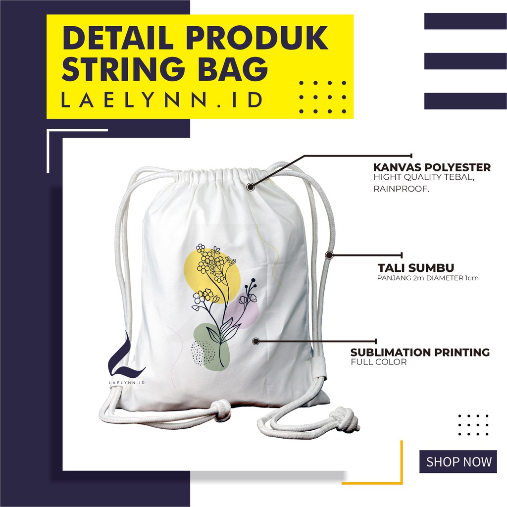 LAELYNN - STRING BAG TAS SERUT KANVAS PREMIUM Motif Nordic Flower Art - NFA0916