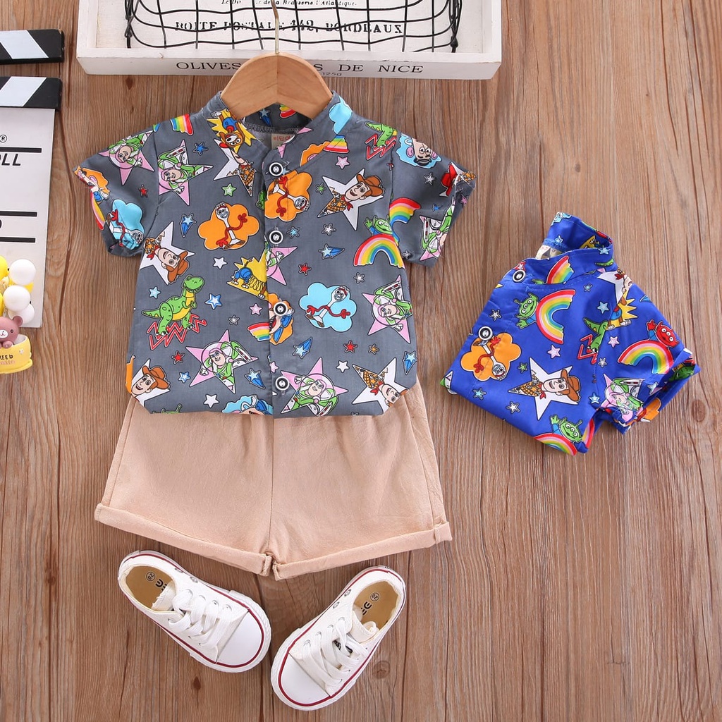 DinoDino SETELAN BAJU KEMEJA ANAK LAKI-LAKI IMPORT TOY STORY KARTUN SET PESTA KERAH CIANGI BAYI COWO