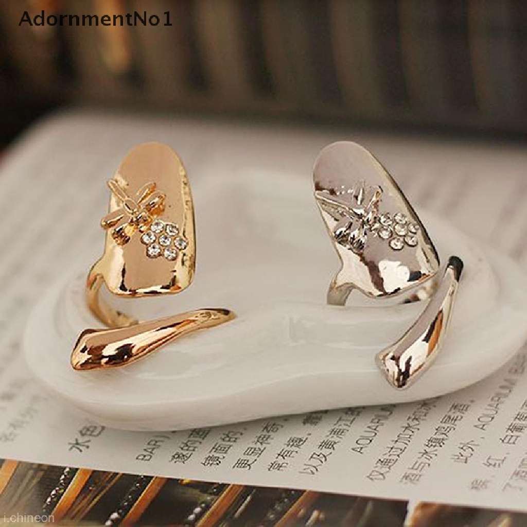 (AdornmentNo1) 1pc Cincin Kuku Motif Capung / Bunga Aksen Berlian Imitasi 2 Warna Untuk Aksesoris Wanita