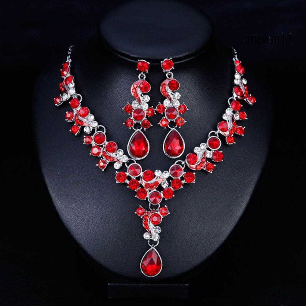 OW@ Luxury Women Rhinestone Flower Necklace Ear Stud Earrings Wedding Jewelry Set