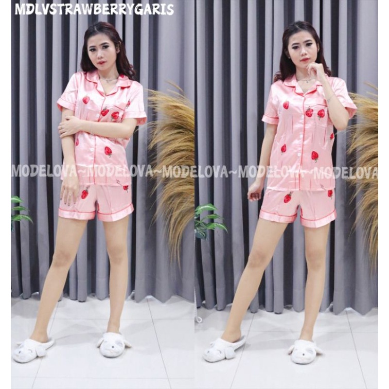 MDLV ~ BAJU TIDUR SATIN STRAWBERRY GARIS PINK HOTPANTS BAJU TIDUR IMPORT CEWEK BEST SELLER