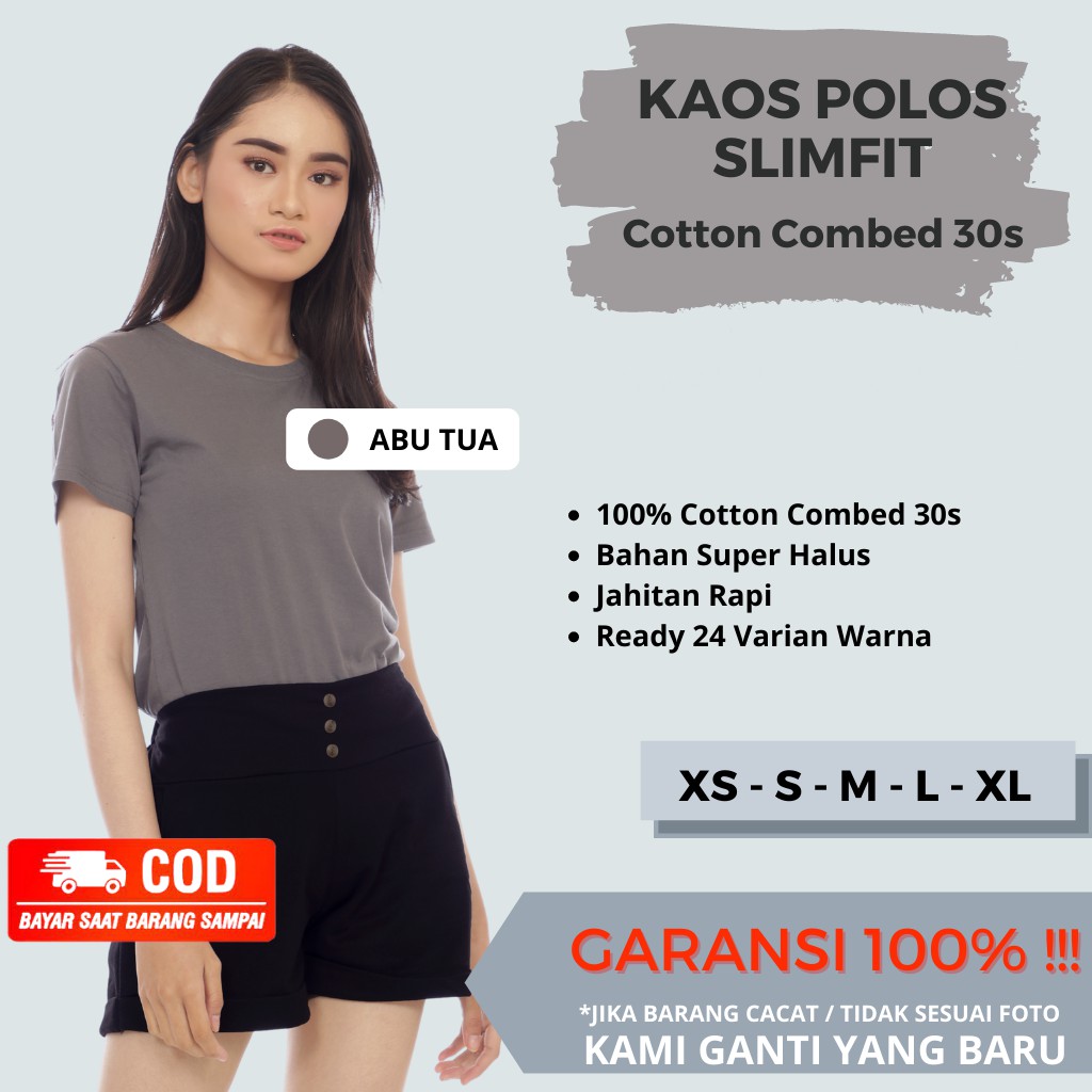 Baju Kaos Polos Wanita Slimfit Lengan Pendek Kaos Oblong Cewek Ketat Santai Cotton Combed 30S Abu