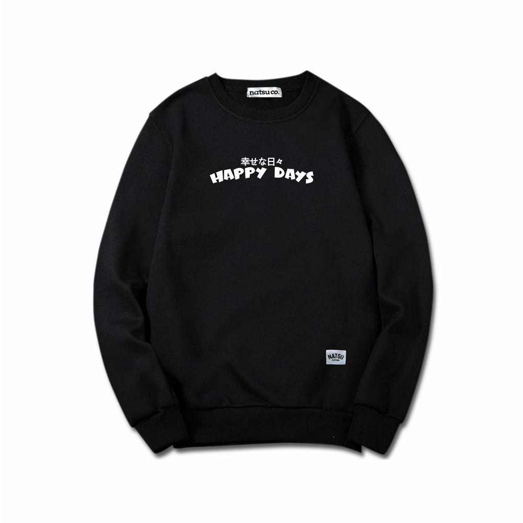 Crewneck Black Motif Happy Day Simpel Pria dan Wanita Premium Quality