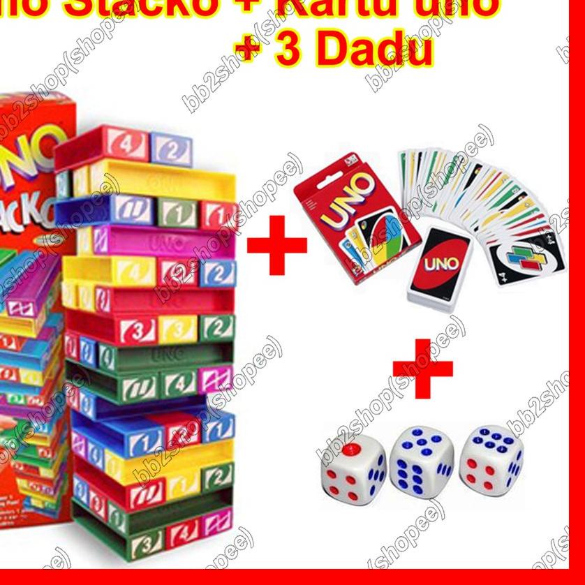 New Product[LR 038]Paket UNO Stacko + Kartu / Card + Dadu / Dice Mainan Balok Susun Paketan 3 in 1