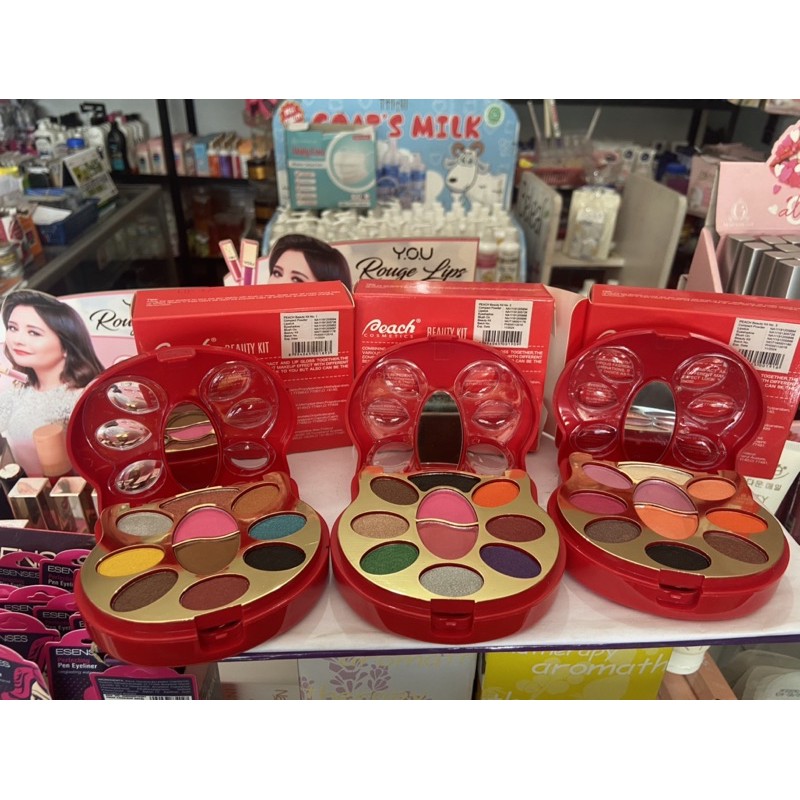 [ 3in1 / bpom ] Peach Beauty kit palette ( eyeshadow + bedak + spons dan kuas )