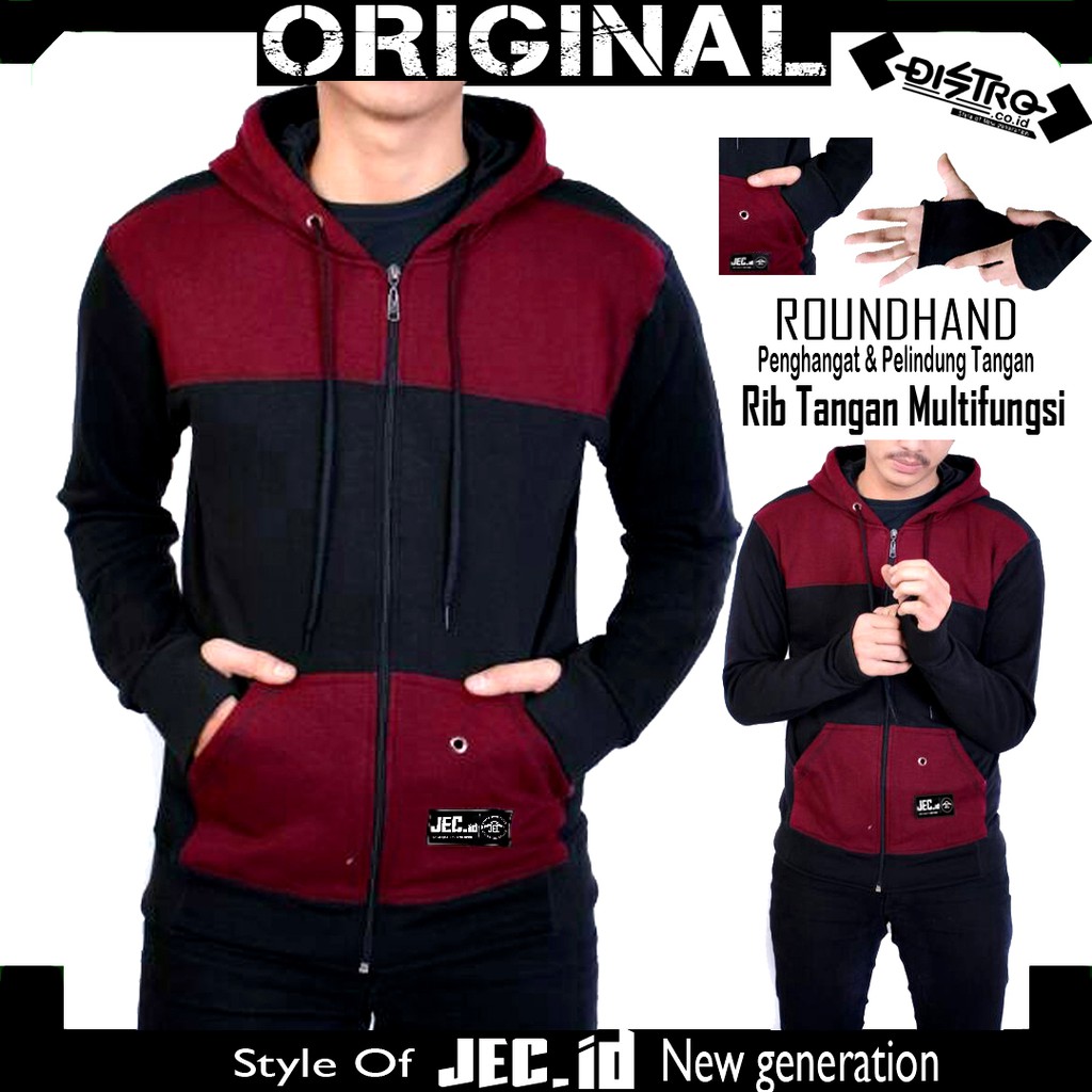 JEC Jaket Hoodie Zipper Combi Hitam Maroon Full Premium | Sweater | Switer | Unisex | Fleece