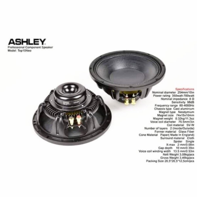 Speaker Ashley 10inch Top10Neo Original Woofer Ashley Neodium