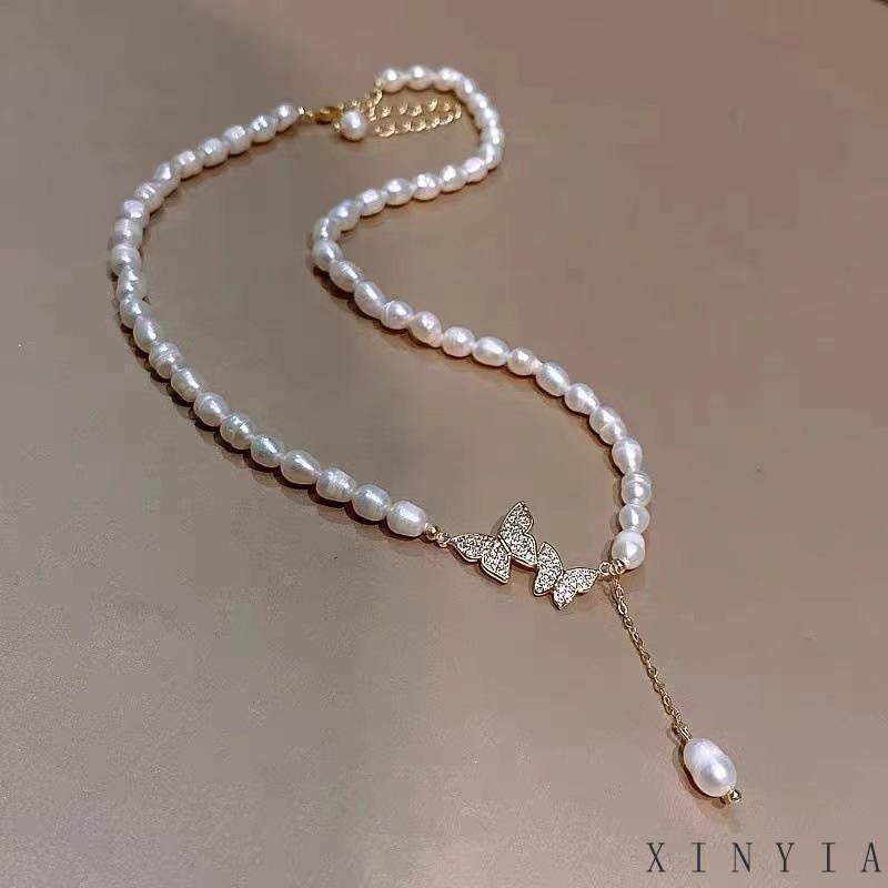 【Bayar di tempat】Kalung Choker Rantai Klavikula Hias Manik-Manik Kupu-Kupu Kristal Mutiara Untuk Wanita