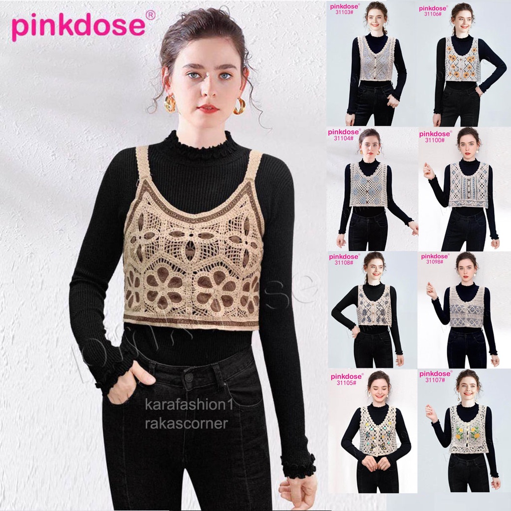 PINKDOSE || Korean Lace Crop Top Elise Crochet Vest Rajut Import