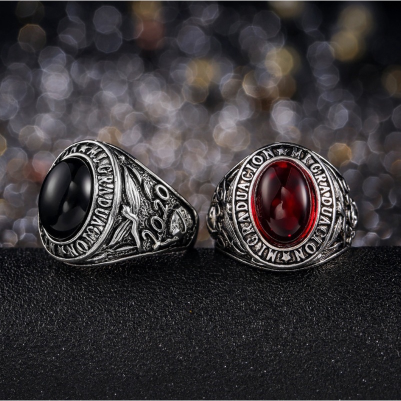 Cincin Batu Merah Raven Dan Wolf Never Fade Rune Bahan Stainless Steel Untuk Pria