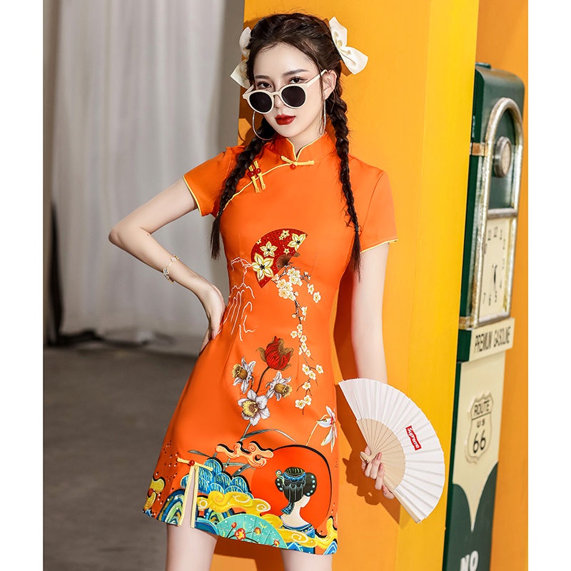 Guochao cheongsam 2023new young spring and autumn orange improved short spring Chinese women's dres