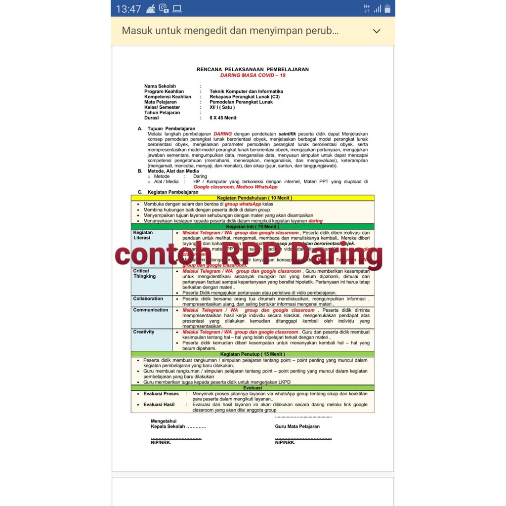 RPP 1 lembar daring dan Luring/tatap muka, SMK RPL mapel Pemodelan Perangkat Lunak, Kelas11, 2Semester