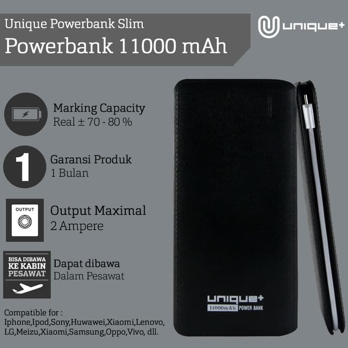 Powerbank - Powerbank 11000Mah - Powerbank Leather - Powerbank Slim - Hitam