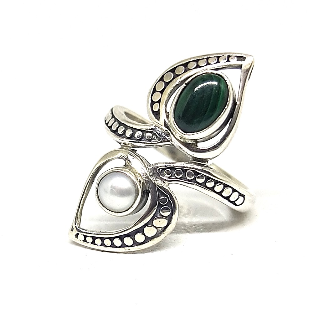 Cincin Ring Perak Silver Bali Asli 925 Bunbun Daun Mutiara Batu Akik Hijau Malachite Wanita Pria