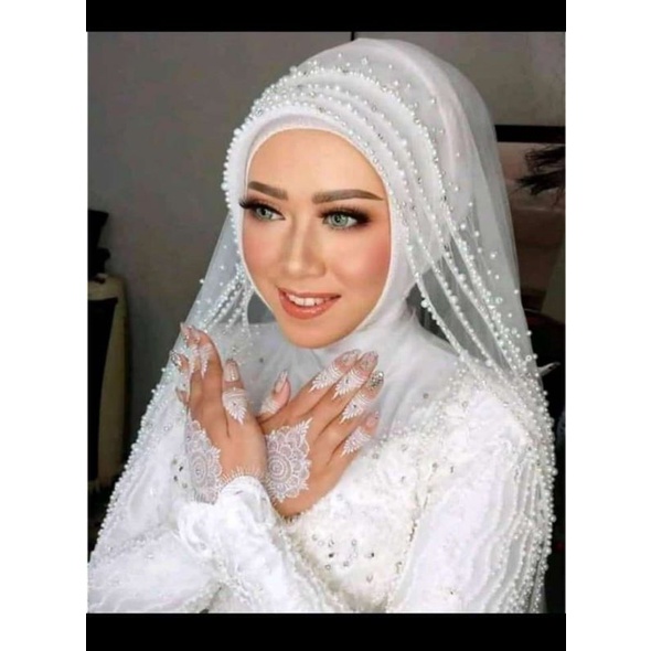 Slayer Selendang Veil Pengantin Ukuran 150 cm X 125 cm Kerudung payet baru mewah empat susun jilbab mutiara akad bride untuk gaun wedding fashion atasan wanita seragaman kondangan wisuda hijab tunangan hantaran termurah terlaris kekinian nikah make up mua