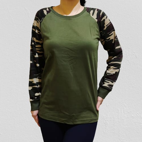 Kaos Raglan Pria Wanita Hijau Army Lengan Loreng Lengan Panjang size M L XL XXL