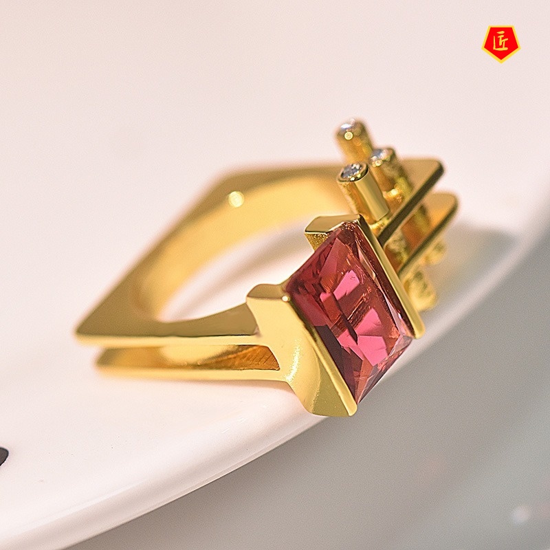 [Ready Stock]Temperament Personality 18K Gold Ruby Geometry Ring