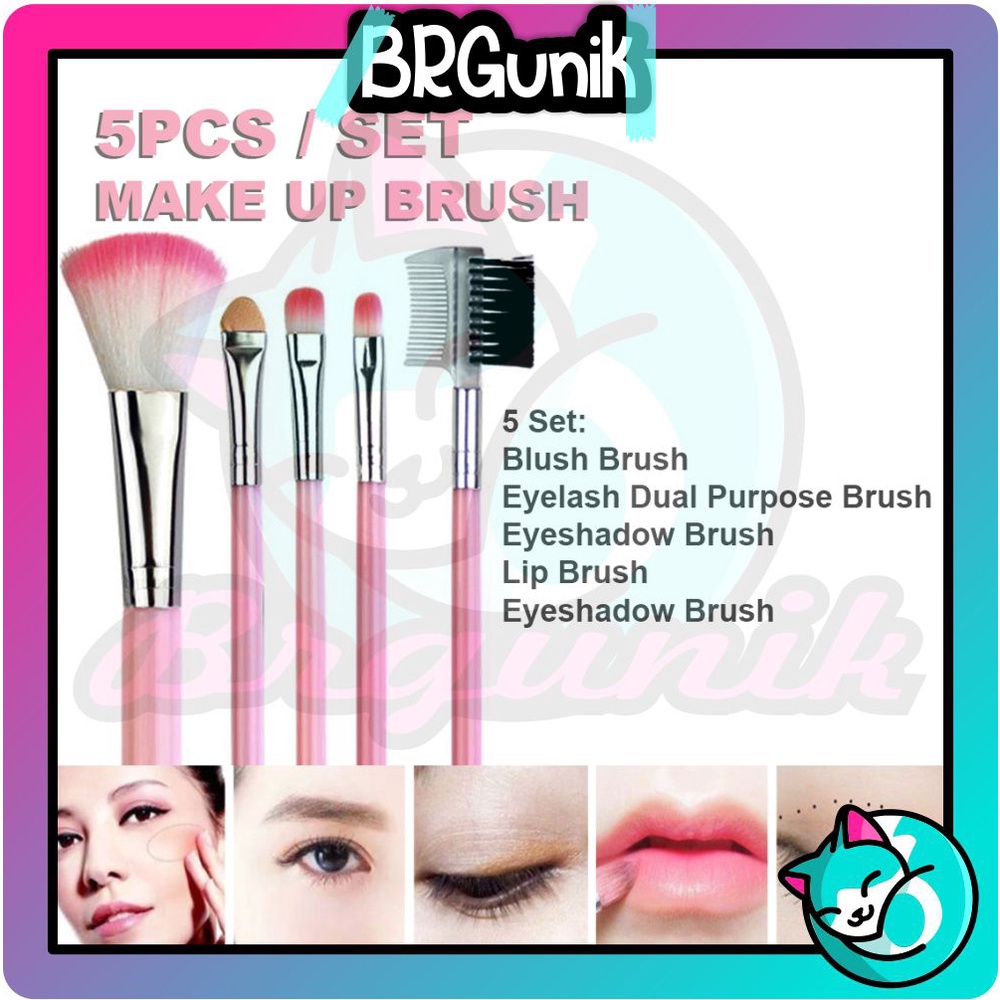 BRGUNIK Set Kuas 5 in 1 Make Up Brush Kuas Makeup Eyebrow Brush Blush On Brush Eyeshadow Brush Sponge R636