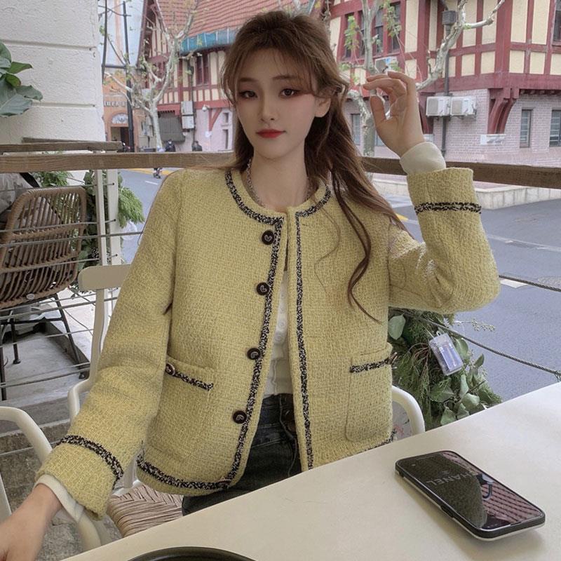 jaket korean style wanita yellow small tweed short coat spring French retro lady style