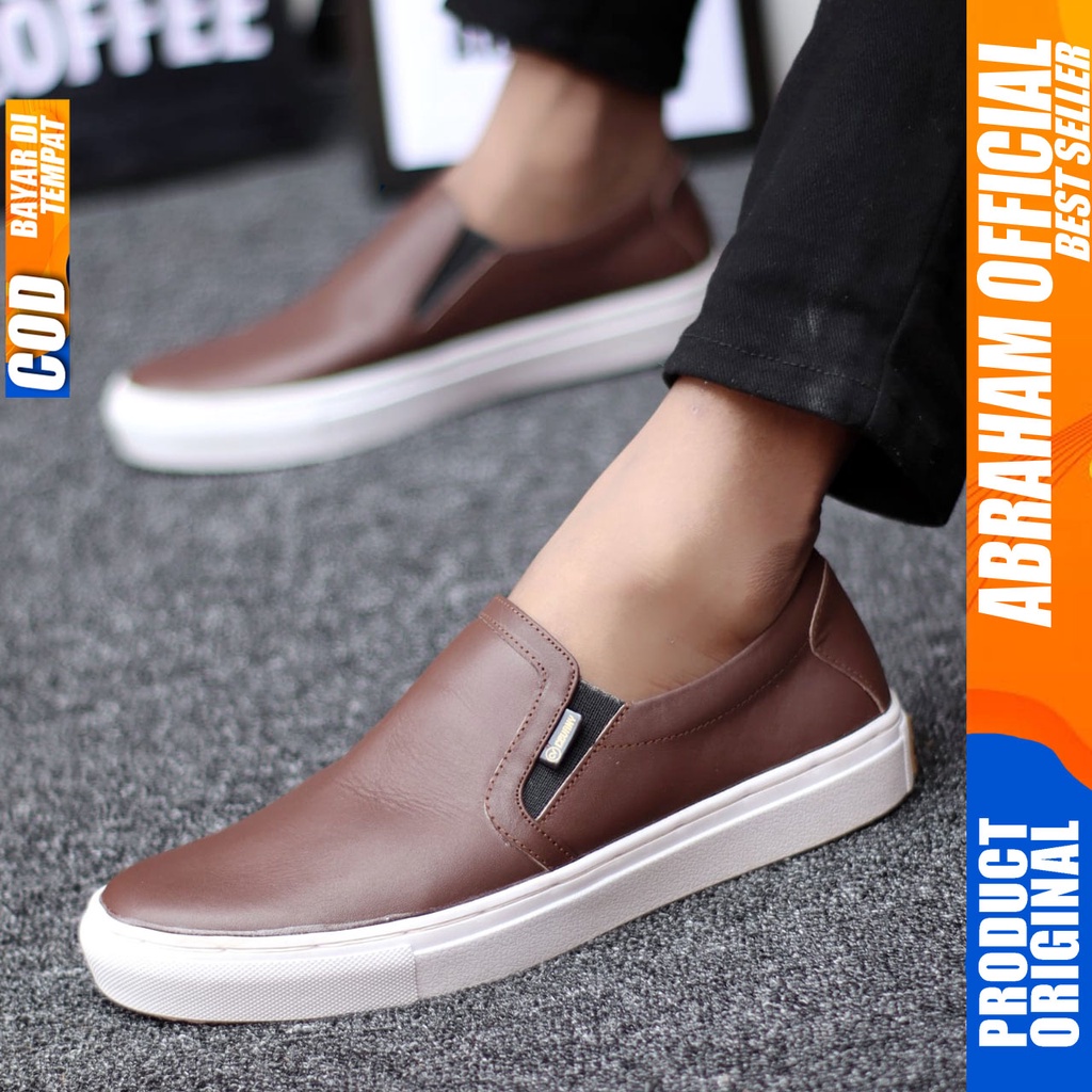 ABRHM x MORI Sepatu Slip On Pria Sepatu Pria Casual Sepatu Cowok/Cowo Kulit Asli Ori Sepatu Kasual Slop Anti Slip Semi Formal Kerja Kuliah Gaya Santai Keren Kekinian Original Murah Terlaris