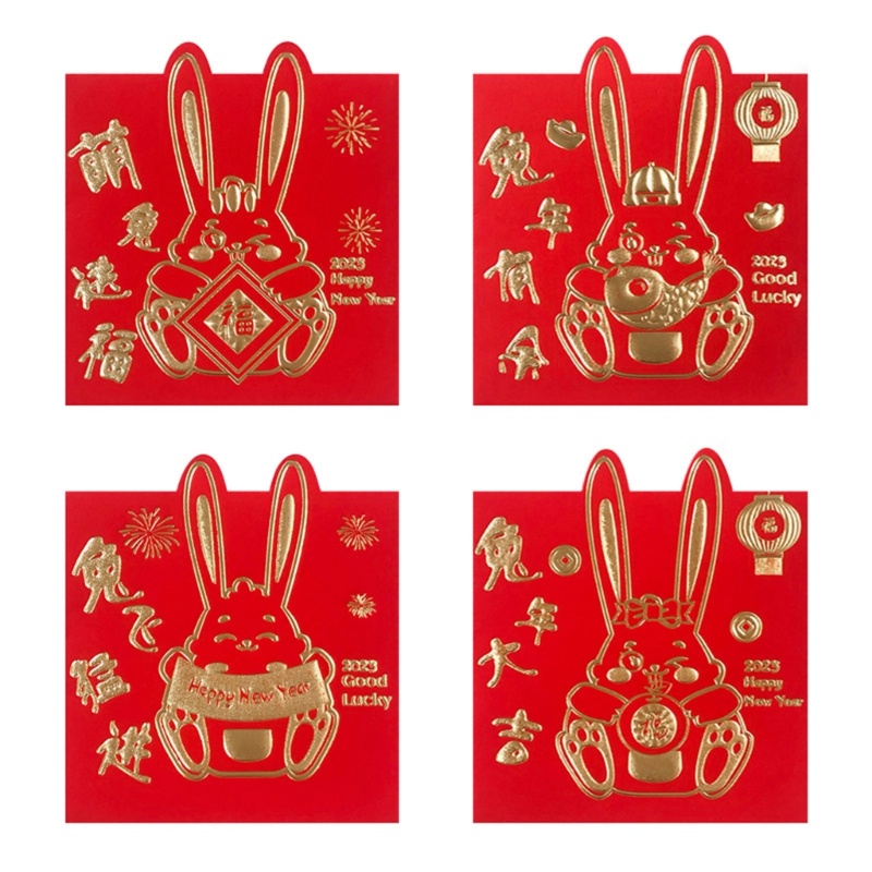 Zzz 2023 4pcs / set Amplop Angpao Lipat Motif Kelinci Warna Merah Untuk Tahun Baru Cina / Imlek