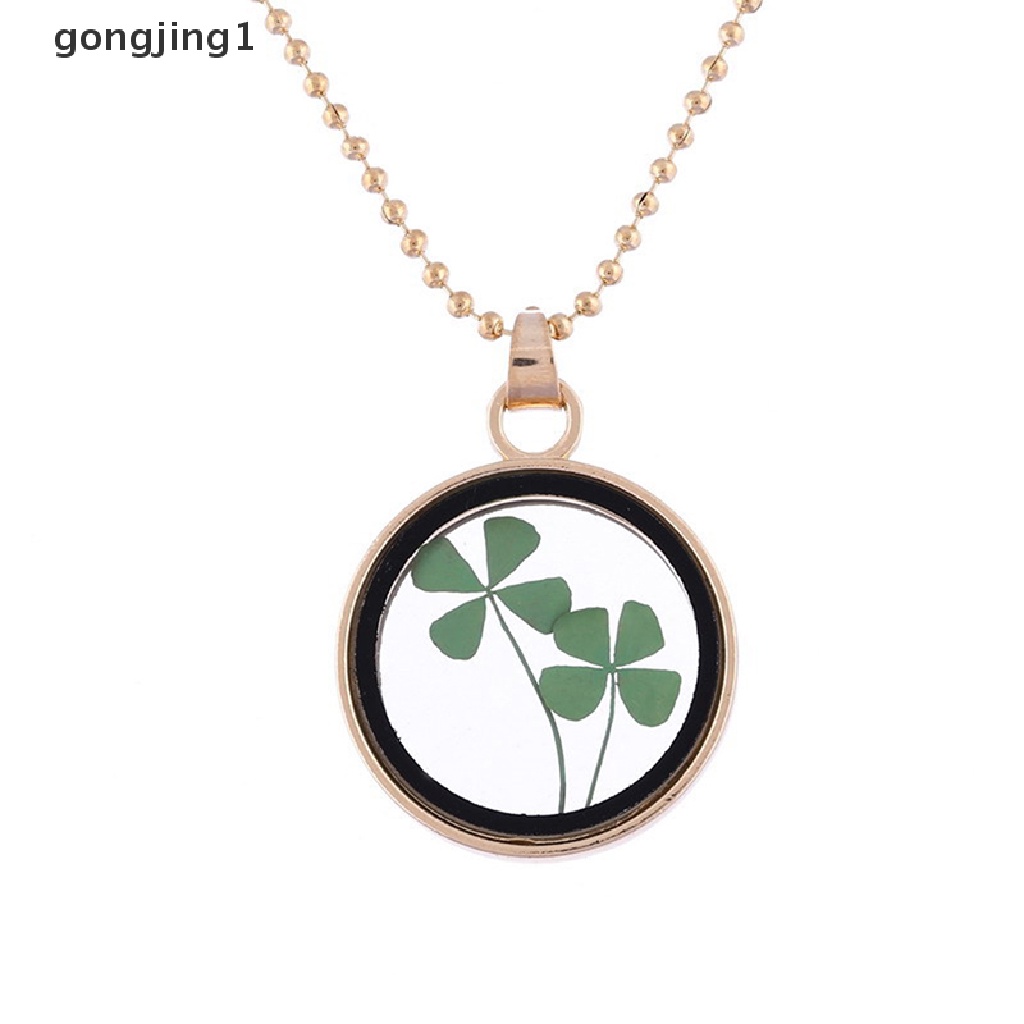 Kalung Liontin Bunga Clover Kering Alami Bahan Resin