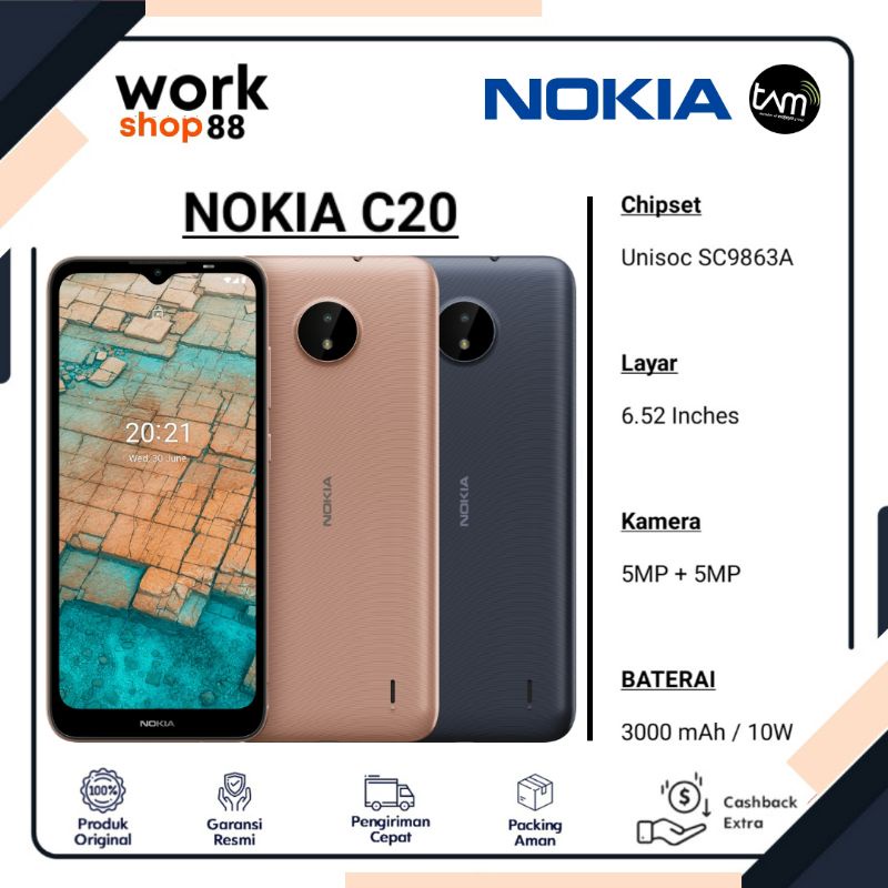 Terbaru HP Android Nokia C20 2/16 Ram 2GB Rom 16GB - Garansi Resmi TAM 1 Tahun Original - Handphone 