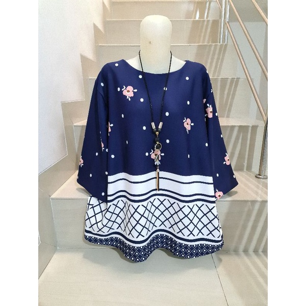 Blouse Scuba Premium Import Jumbo 2XL-3XL-Bunga Kecil - Navy