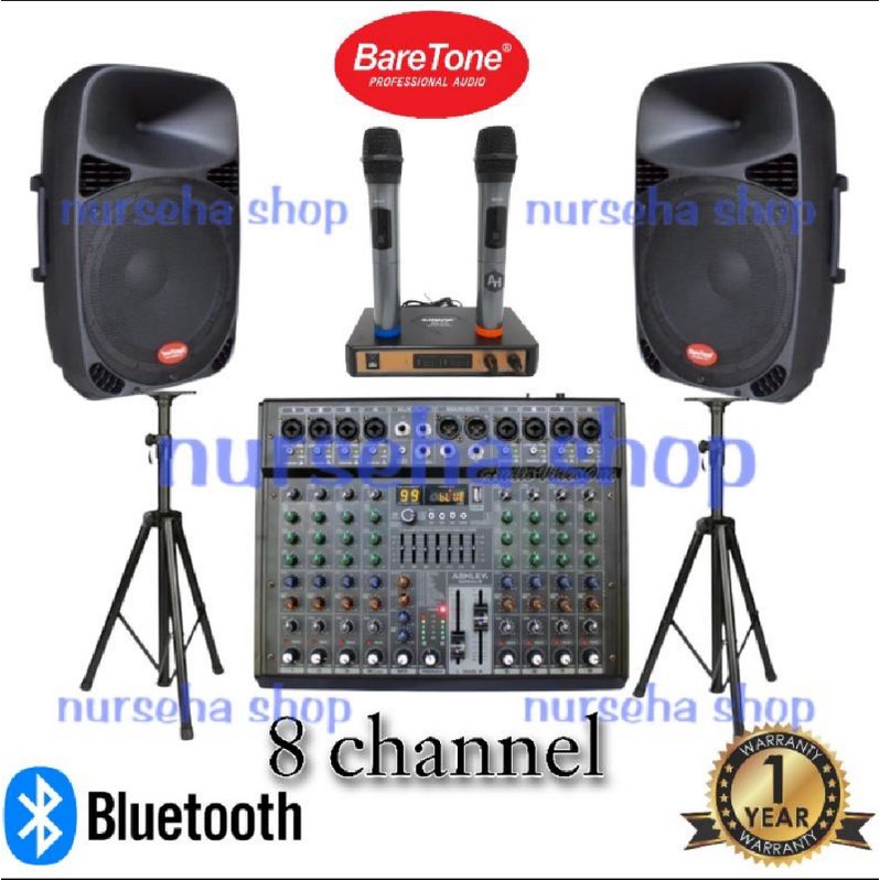 Paket Sound System baretone 15 inch speaker aktif max 15mb full set mixer ASHLEY 8 channel bluetooth