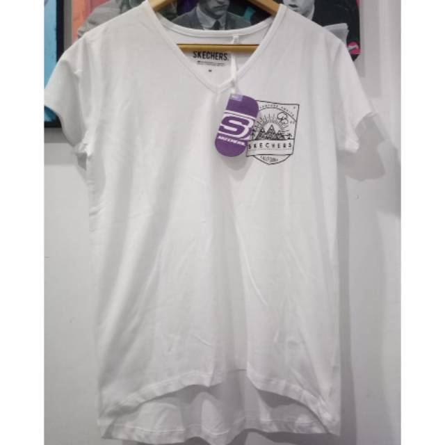 Baju Kaos Cewek Original Skechers Kerah V Warna Putih